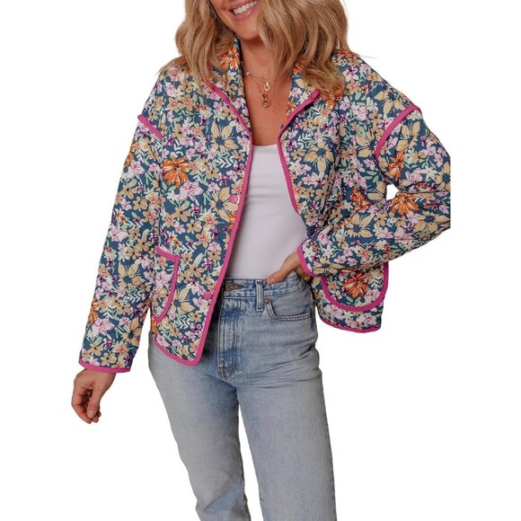 Women's Floral Quilted Jacket Crop Button Down Padded Puffer Jacket Multicolor - Picture 1 of 6